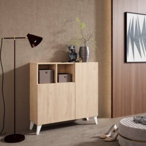 Schuhschrank aus Melamin in Hell-Eiche mit weißen Füßen 87x90x27 cm 90x87x27cm Spanplatte Braun Herdasa Möbel Flurmöbel Schuhschränke