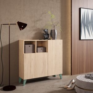 wohnli-moebel-suche-M24156291-1 Schuhschrank aus Melamin in Hell-Eiche mit grünen Füßen 87x90x27 cm 90x87x27cm Spanplatte Braun Herdasa Möbel Flurmöbel Schuhschränke