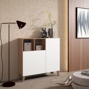 Schuhschrank aus Melamin in Nussbaum mit Türen in Weiß 87x90x27 cm 90x87x27cm Spanplatte Braun Herdasa Möbel Flurmöbel Schuhschränke