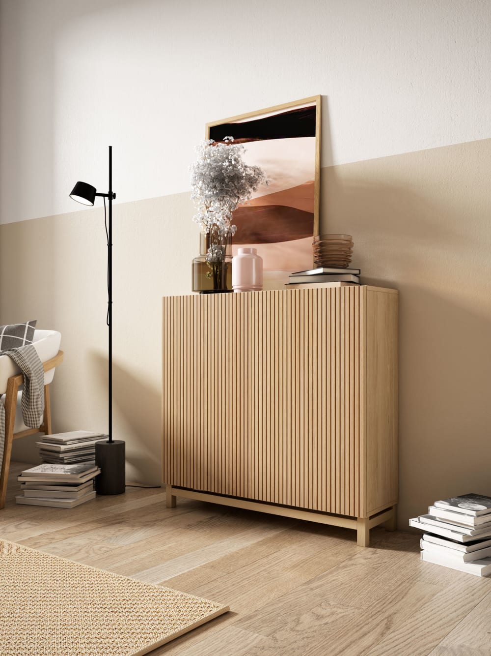 Schuhschrank aus Melamin Gold-Eiche mit Türen in Lattenoptik 90x90x27 90x109x27cm Spanplatte Braun Herdasa Möbel Flurmöbel Schuhschränke