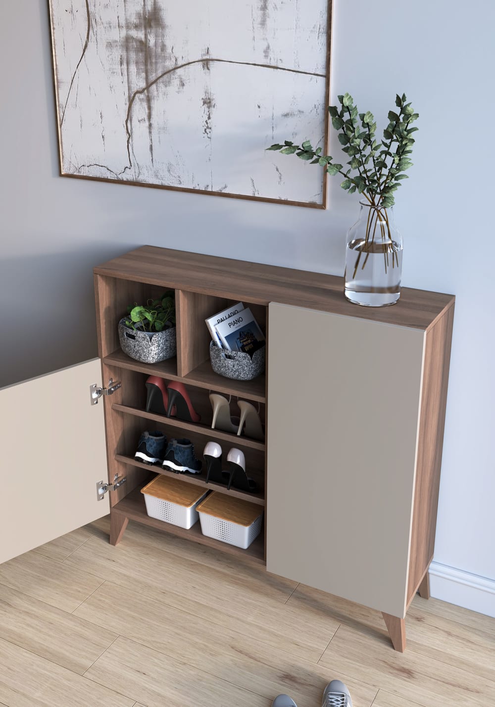 Schuhschrank aus Melamin in Nussbaum mit Türen in Sand 87x90x27 cm 90x87x27cm Spanplatte Braun Herdasa Möbel Flurmöbel Schuhschränke