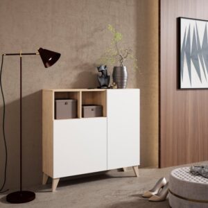 Schuhschrank aus Melamin in Hell-Eiche mit Türen in Weiß 87x90x27 cm 90x87x27cm Spanplatte Braun Herdasa Möbel Flurmöbel Schuhschränke