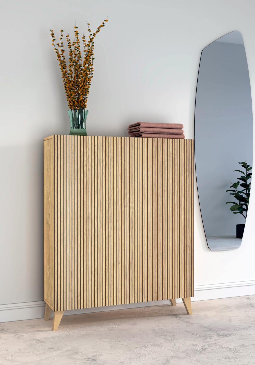 Schuhschrank aus Melamin Gold-Eiche mit Türen in Lattenoptik 109x90x27 90x112x27cm Spanplatte Braun Herdasa Möbel Flurmöbel Schuhschränke