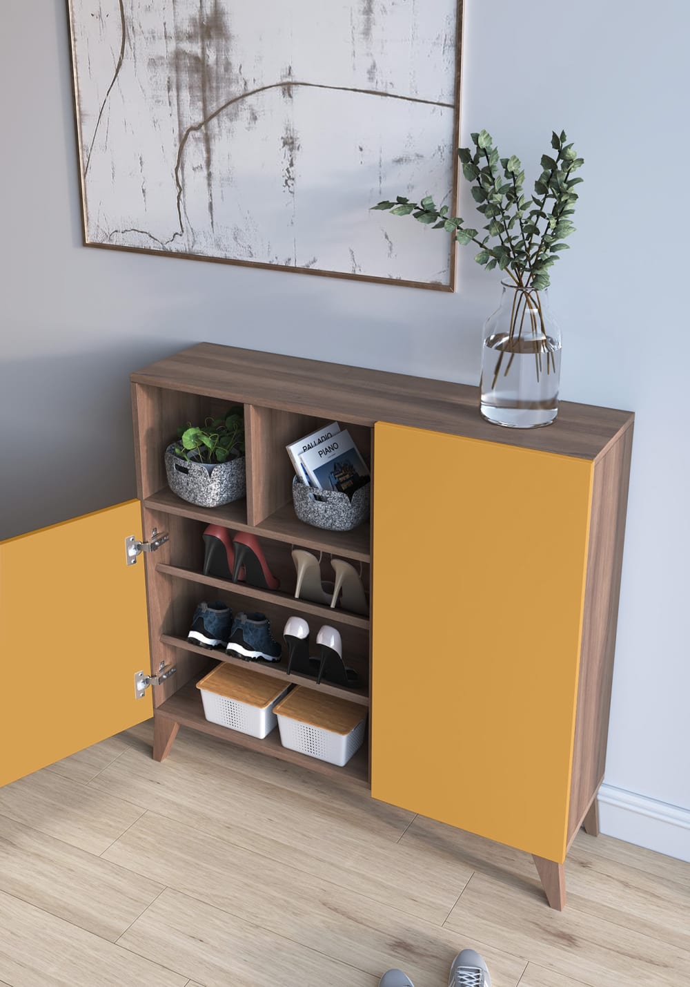 Schuhschrank aus Melamin Nussbaum mit Türen in Senfgelb 87x90x27 cm 90x87x27cm Spanplatte Braun Herdasa Möbel Flurmöbel Schuhschränke