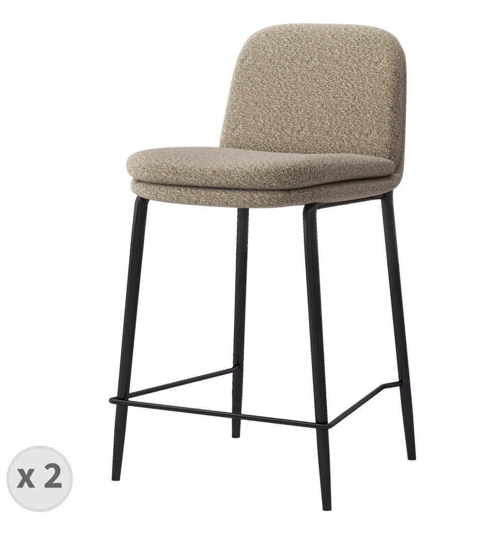 Wohnli Möbelsuche - 2er Set Barstuhl aus Stoff Bouclé Greige und schwarzem Metall