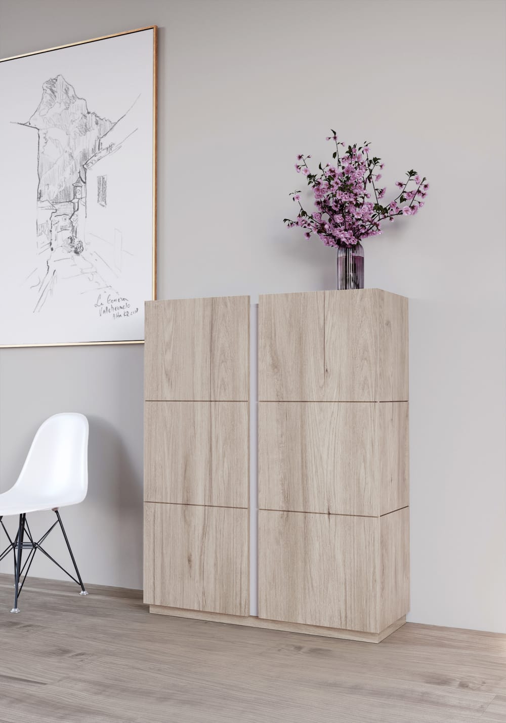 Schuhschrank aus Melamin in Hell-Eiche mit Detail in Weiß 122x95x35 cm 95x122x35cm Spanplatte Braun Herdasa Möbel Flurmöbel Schuhschränke