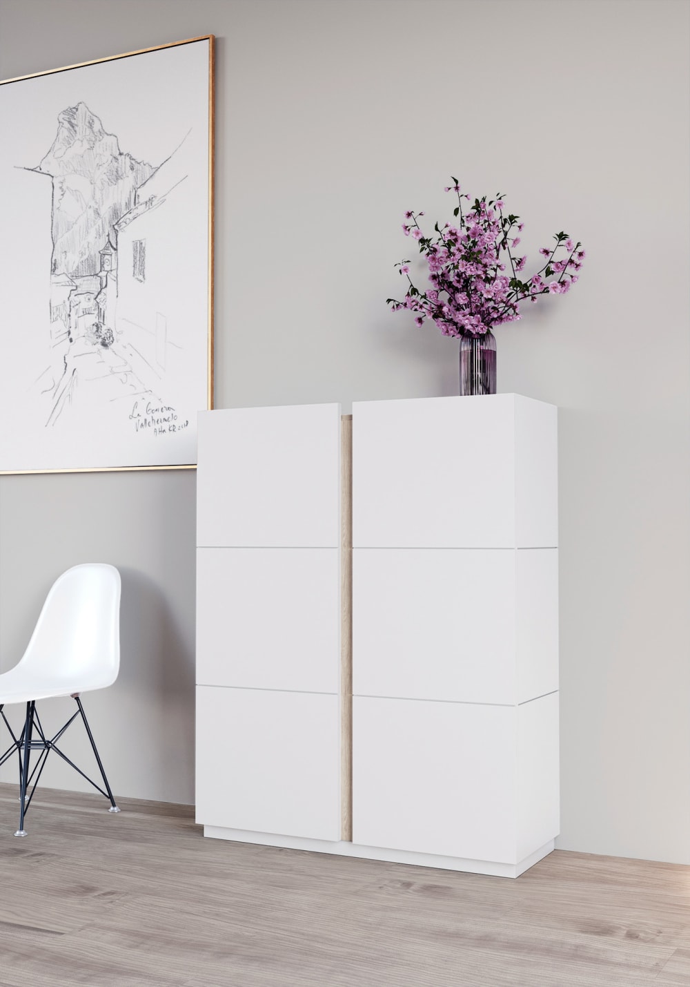 Schuhschrank aus Melamin in Weiß mit Detail in Hell-Eiche 122x95x35 cm 95x122x35cm Spanplatte Weiß Herdasa Möbel Flurmöbel Schuhschränke