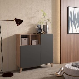 wohnli-moebel-suche-M24157632-1 Schuhschrank aus Melamin in Nussbaum mit Türen in Graphit 87x90x27 cm 90x87x27cm Spanplatte Braun Herdasa Möbel Flurmöbel Schuhschränke
