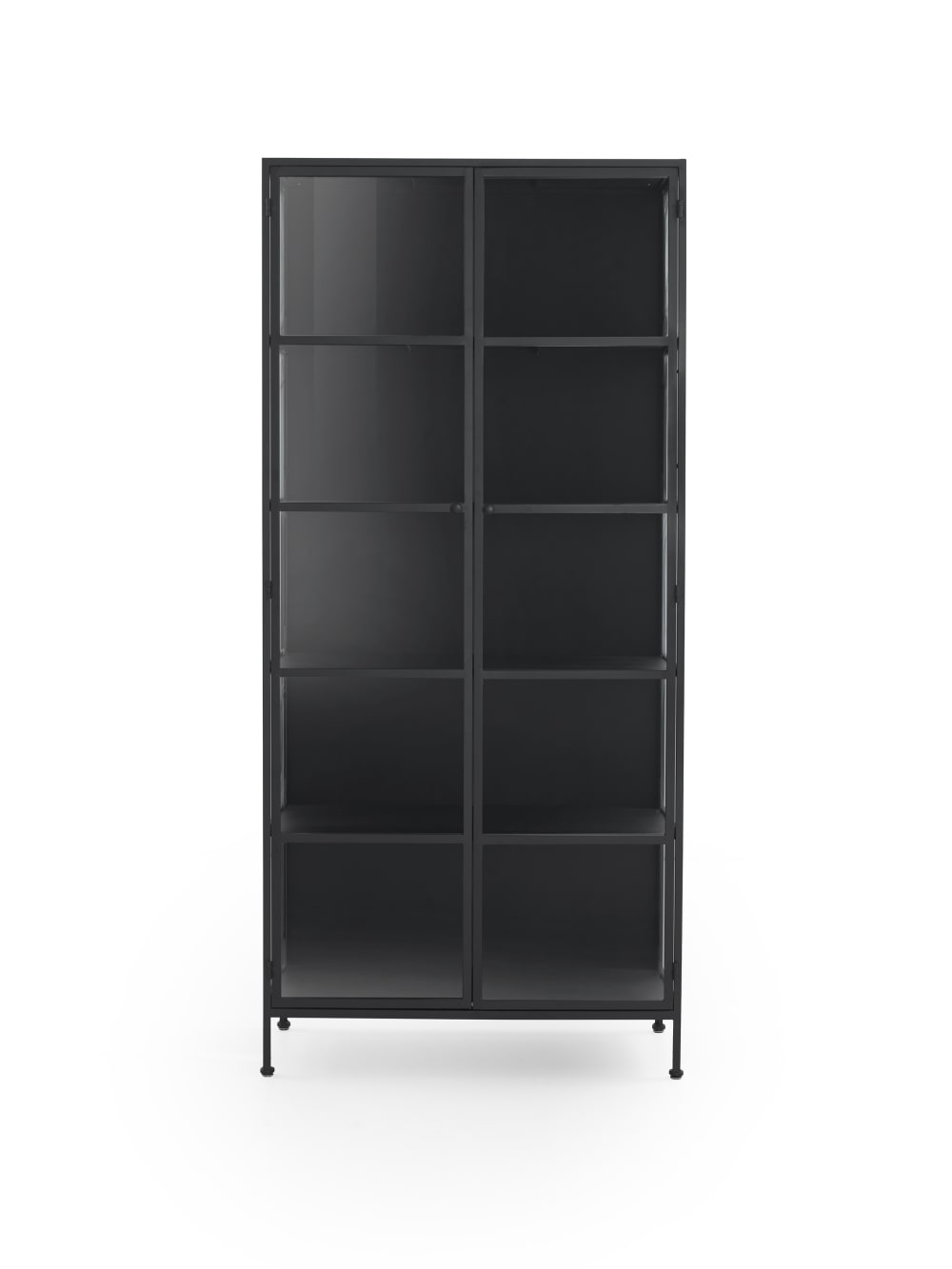 wohnli-moebel-suche-M24157698 Wohnli Möbelsuche - Hohe Vitrine Türen und Seitenteile aus Glas schwarzes Metallgestell