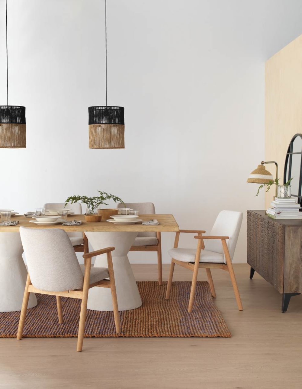 4er-Set Sessel aus natürlichem Eichenholz mit Polsterung in Weiß 58x83x56cm Holz Weiß GEESE HOME Möbel Esszimmermöbel Stühle