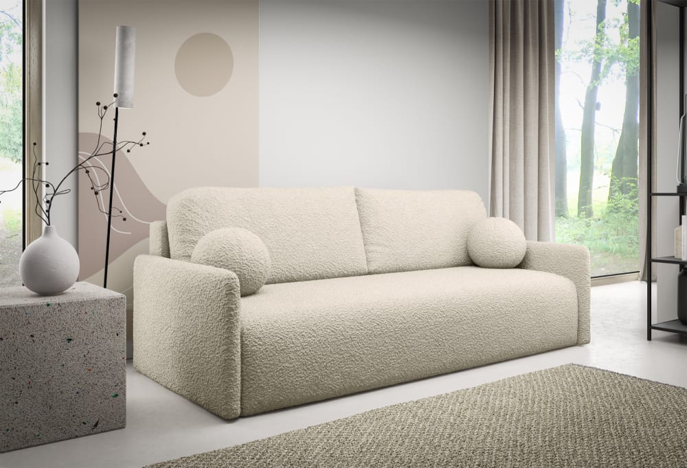 Stauraum und Bouclé-Bezug