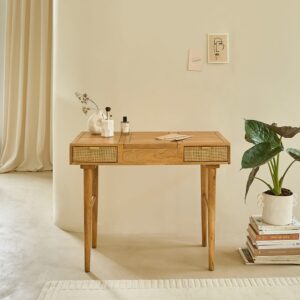 wohnli-moebel-suche-M24159640-1 Schreibtisch aus massivem Mangoholz und Rohrgeflecht 90x76x45cm Holz Beige BERAH GETAH Möbel Büromöbel Schreibtische