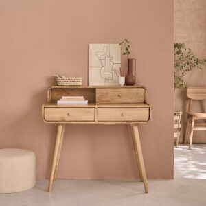 wohnli-moebel-suche-M24159641-1 Schreibtisch aus massivem Mindi 90 cm 90x90x55cm Holz Beige BERAH GETAH Möbel Büromöbel Schreibtische