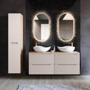 wohnli-moebel-suche-M24159648-1 Doppelwaschtisch und Hängesäule 120cm Beige und Holzoptik 120x57x46cm Spanplatte Beige Petits meubles Möbel Badezimmermöbel Waschtische