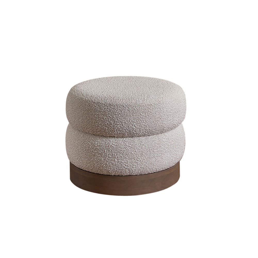 wohnli-moebel-suche-M24159666 Wohnli Möbelsuche - Hocker aus massivem Mindi und weißem Bouclé-Stoff Ø55 cm