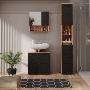 Waschbeckenunterschrank  Anthrazit mit Wabenstruktur 60x59cm 60x59x30cm Spanplatte Schwarz Vicco Möbel Badezimmermöbel Waschtische