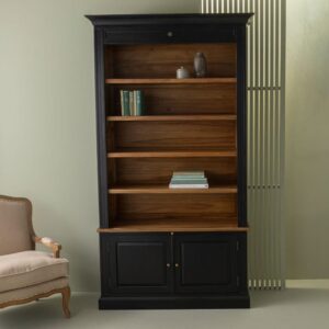 wohnli-moebel-suche-M24160851-1 Bücherregal mit 2 Türen aus massivem schwarzem Akazienholz - H240 cm 140x240x48cm Holz Schwarz Signature Möbel Wohnzimmermöbel Bücherregale