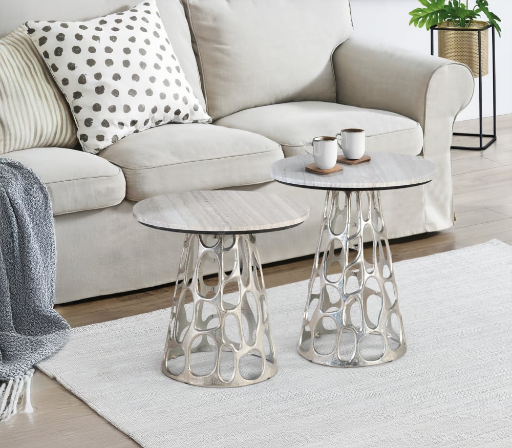 2er Set Couchtische mit runder Marmorplatte 51x59x4cm Aluminium Grau GINER Y COLOMER Möbel Wohnzimmermöbel Couchtische