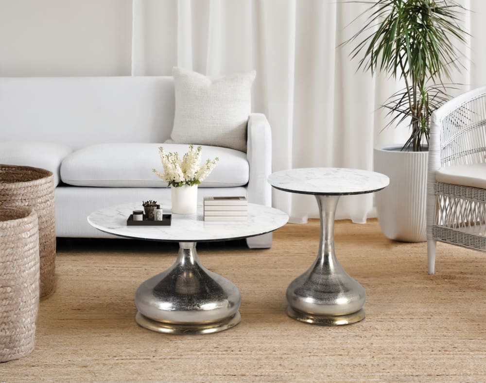 2er Set Couchtische mit runder Marmorplatte 75x41x4cm Aluminium Grau GINER Y COLOMER Möbel Wohnzimmermöbel Couchtische