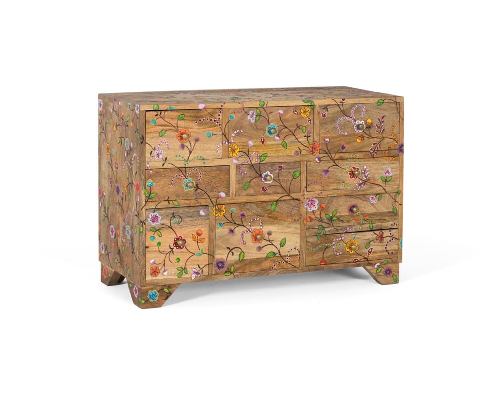 Kommode mit 10 handgeschnitzten Schubladen aus Mangoholz 80x55x33cm Holz Braun GINER Y COLOMER Möbel Schlafzimmermöbel Kommoden