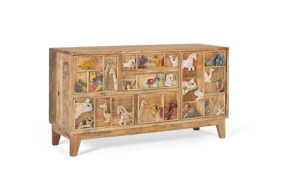 wohnli-moebel-suche-M24160947-1 Kommode mit 5 Schubladen handgeschnitzt aus Mangoholz 100x55x32cm Holz Braun GINER Y COLOMER Möbel Schlafzimmermöbel Kommoden