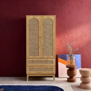 Kleiderschrank mit 2 Türen und 2 Schubladen mit Rohrgeflecht 80x180x50cm Spanplatte Beige sweeek Möbel Schlafzimmermöbel Kleiderschränke