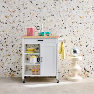 wohnli-moebel-suche-M24161569-1 Weißer Küchenwagen mit Platte aus Hevea-Holz 83x91x47cm Spanplatte Weiß sweeek Möbel Küchenmöbel Kücheninseln & Servierwägen