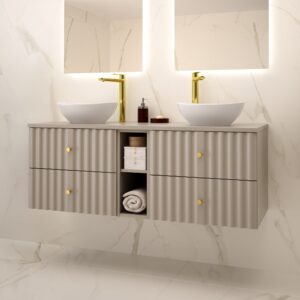wohnli-moebel-suche-M24161878-1 Doppelwaschtisch 140cm 2 Nischen Melamin Kaschmir 141x52x47cm Spanplatte Beige Petits meubles Möbel Badezimmermöbel Waschtische