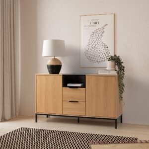 Sideboard 2 türen 2 schubladen Eichenfarbe 140x80x40cm Spanplatte Braun HOMN Möbel Esszimmermöbel Sideboards, Highboards & niedrige Anrichten