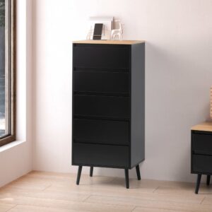 Hohe kommode 5 chubladen schwarze Farbe 50x115x40cm Spanplatte Schwarz HOMN Möbel Schlafzimmermöbel Aufbewahrungsmöbel