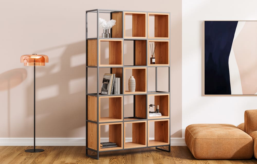Dreireihiges Bücherregal aus massivem Eichenholz 38x200x122cm Holz Braun Danzz Möbel Wohnzimmermöbel Bücherregale