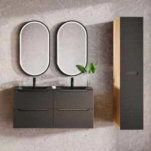 Doppelwaschtisch und Hängesäule Schwarz und Holzoptik 120x57x46cm Spanplatte Schwarz Petits meubles Möbel Badezimmermöbel Waschtische