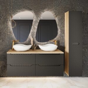 wohnli-moebel-suche-M24166702-1 Doppelwaschtisch und Hängesäule 120cm Schwarz und Holzoptik 120x57x46cm Spanplatte Schwarz Petits meubles Möbel Badezimmermöbel Waschtische