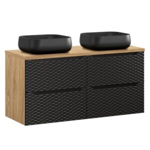 Doppelwaschtisch und Hängesäule 120cm Schwarz und Holzoptik 120x57x46cm Spanplatte Schwarz Petits meubles Möbel Badezimmermöbel Waschtische