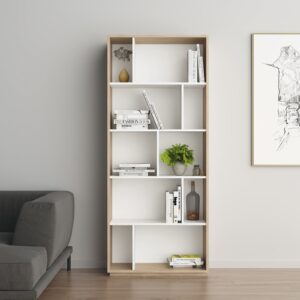 Bücherregal aus Melamin in Eiche und Weiß 191x80x32 cm 80x191x32cm Spanplatte Braun Herdasa Möbel Wohnzimmermöbel Bücherregale