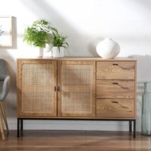 wohnli-moebel-suche-M24169001-1 Sideboard mit 2 Türen und 3 Schubladen aus Rattan L120 cm - JAYA 120x80x40cm Spanplatte Beige Calicosy Möbel Esszimmermöbel Sideboards, Highboards & niedrige Anrichten