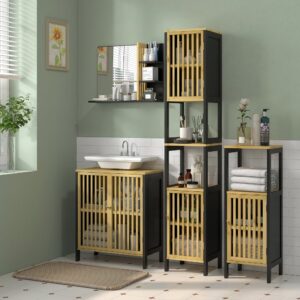 Unterbauwaschbecken-Schrank 2T MDF Bambus schwarz lackiert 60x70x30cm Bambus Beige Homcom Möbel Badezimmermöbel Waschtische