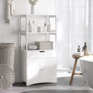 wohnli-moebel-suche-M24171470-1 Weißes Badezimmer-Meubel mit Mehrfachstauraum 60x123x33cm Spanplatte Weiß Kleankin Möbel Badezimmermöbel