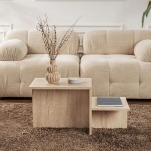 wohnli-moebel-suche-M24173656-1 Couchtisch 2 Ebenen L80 cm - Travertindekor 77x40x40cm Spanplatte Beige Calicosy Möbel Wohnzimmermöbel Couchtische