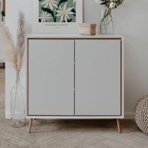 wohnli-moebel-suche-M24173949-1 Sideboard 2 Türen B90 cm - Eichendekor und Weiß 90x90x38cm Spanplatte Weiß Calicosy Möbel Schlafzimmermöbel Kommoden