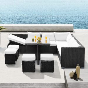 wohnli-moebel-suche-M24174018-1 Gartenmöbel-Set für 10 Personen in Schwarz aus Polyrattan 220x63x273cm Harz Schwarz Concept Usine Möbel Wohnzimmermöbel Couchtische