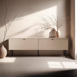 wohnli-moebel-suche-M24176663-1 2-türiger TV-Schrank aus Stahl und MDF-Melamindekor 150 cm beige 150x50x40cm Holz Beige Oviala Möbel Wohnzimmermöbel TV-Möbel