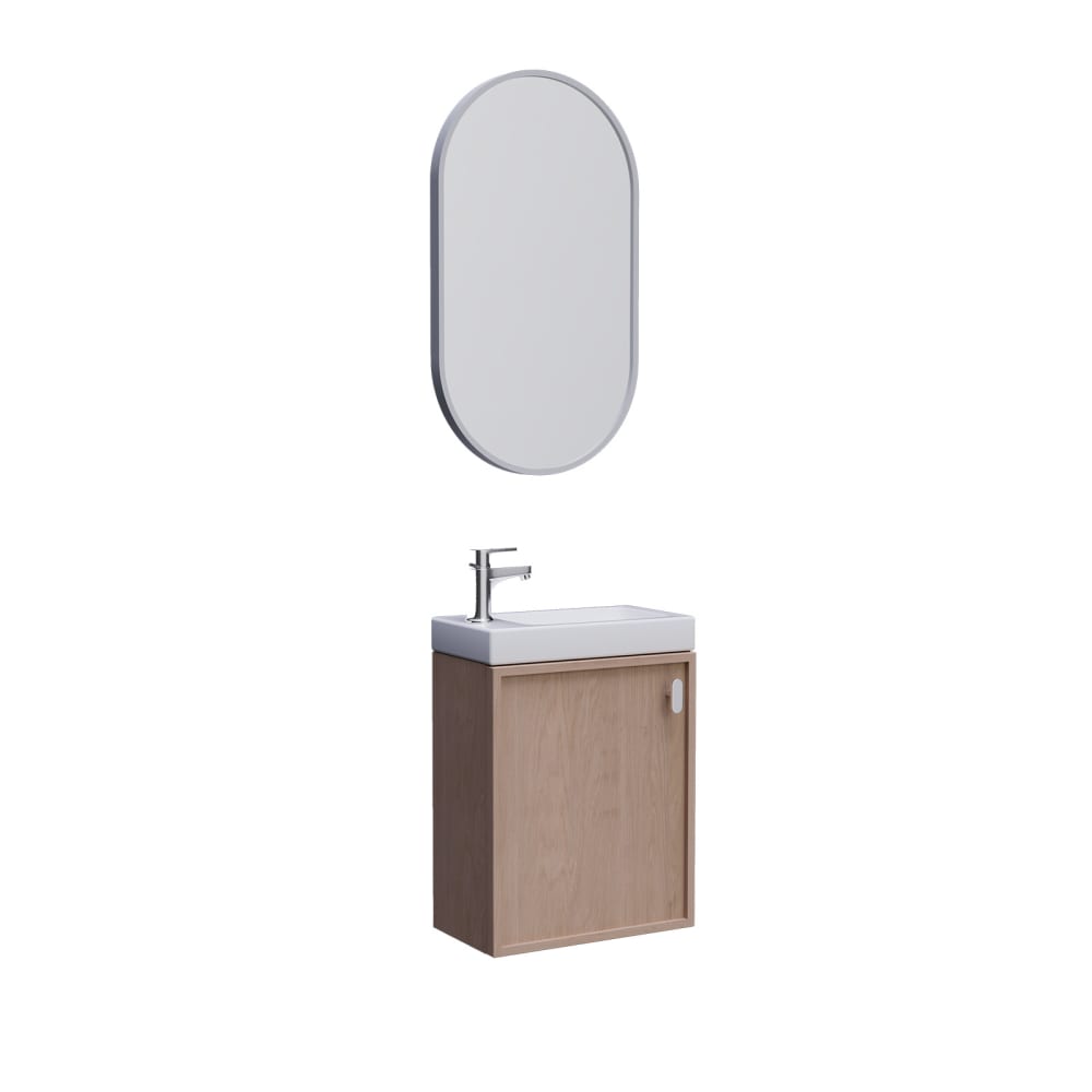 wohnli-moebel-suche-M24176852 Wohnli Möbelsuche - Eichenwaschtisch-Unterschrank + Wasserhahn + Spiegel-Set