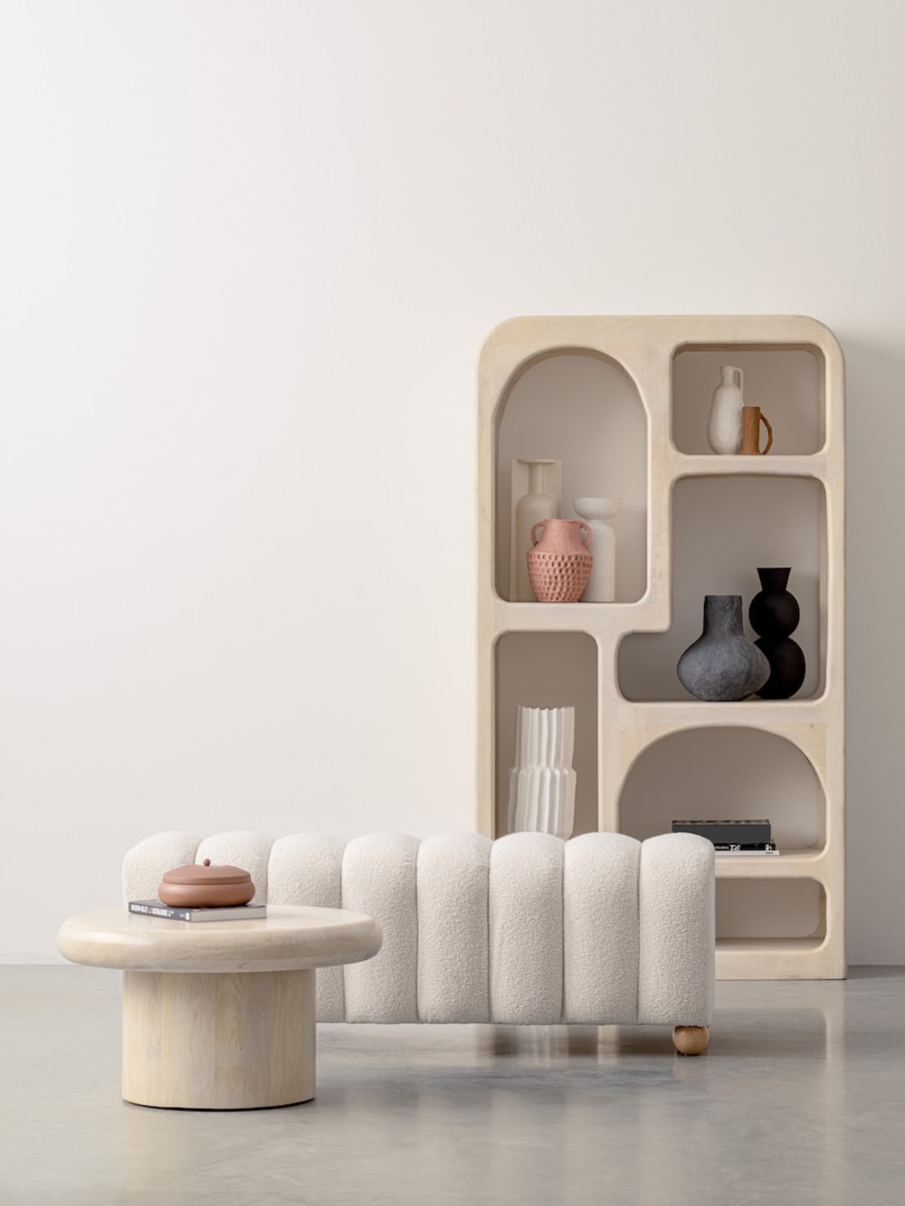 Cremefarbenes Mangoholz Regal mit Nischen 0x160x90cm Holz Beige Mathi Design Möbel Wohnzimmermöbel Regale