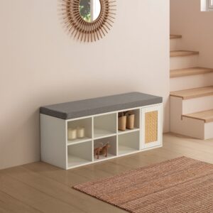 wohnli-moebel-suche-M24177916-1 Schuhbank farbe Weiß 6 Löcher und 1 Tür 108x45x35cm Spanplatte Weiß HOMN Möbel Flurmöbel Schuhschränke