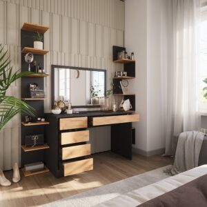 wohnli-moebel-suche-M24178060-1 Schminktisch ohne Spiegel Anthrazit/Goldkraft Eiche 120x75cm 120x75x55cm Spanplatte Grau Vicco Möbel Schlafzimmermöbel Schminktische