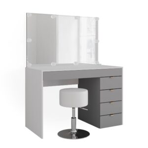 wohnli-moebel-suche-M24178071 Wohnli Möbelsuche - Schminktisch mit LED Beleuchtung und Hocker Weiß/Grau/Grau 115x76cm