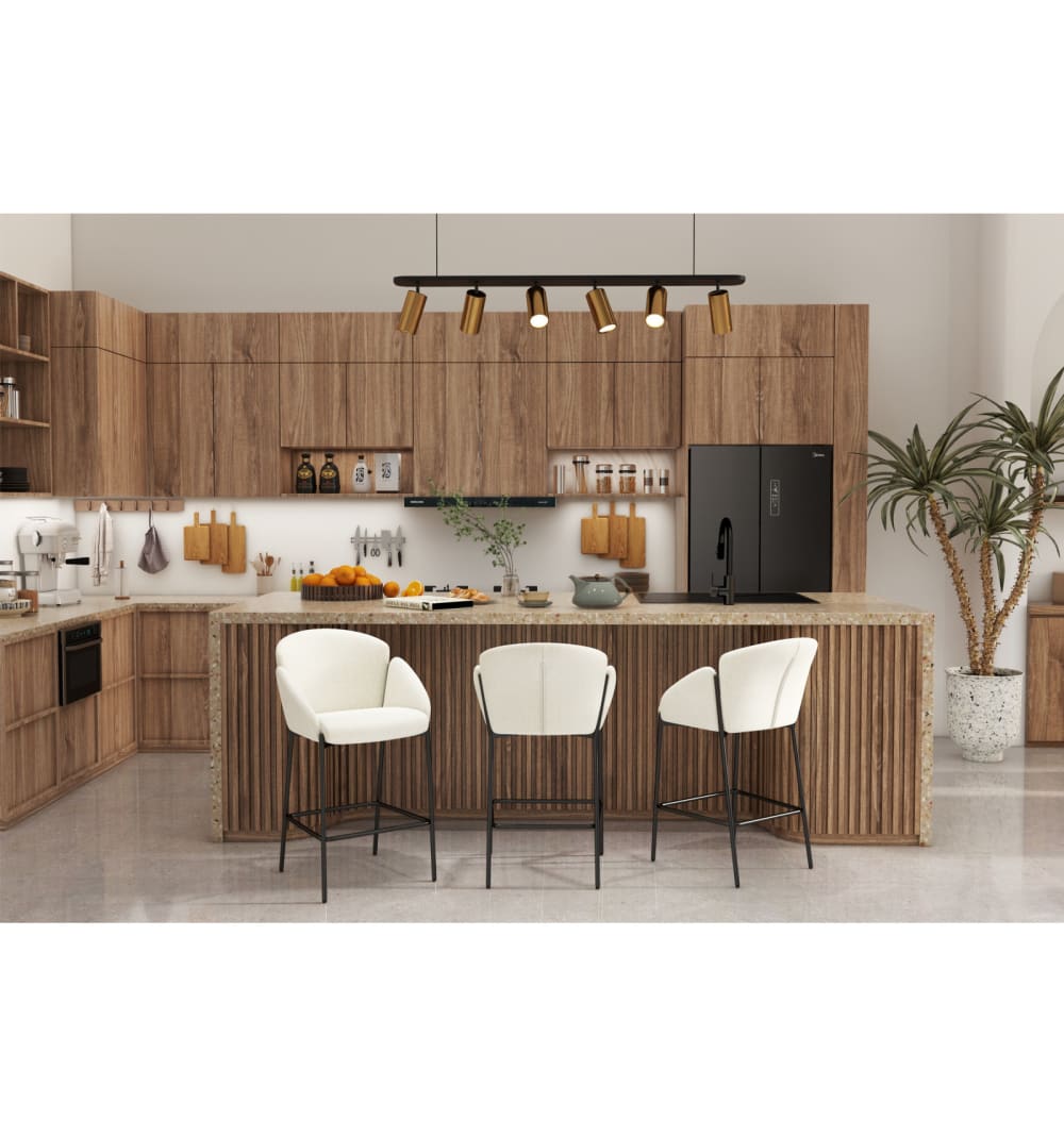 2er Set Barsessel aus luxuriösem Ecru-Stoff und schwarzem Metall 48x94x49cm Stoff Weiß Moloo Möbel Esszimmermöbel Barhocker