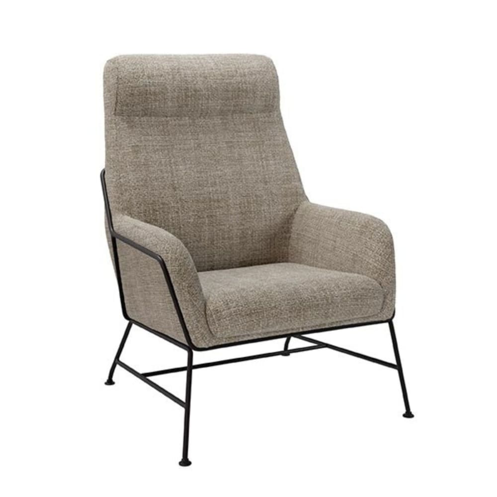 Wohnli Möbelsuche - Hoher Sessel mit meliertem Stoff und Metallgestell in Taupe.