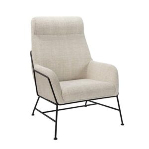 Wohnli Möbelsuche - Hoher Sessel mit meliertem Stoff und Metallgestell in Beige.